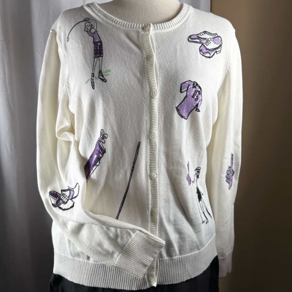 Izod Golf Ladies White Cotton Cardigan With Purple Graphics Size L Made In Japan